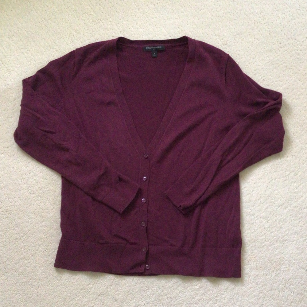 Burgundy fine-knit cotton blend V-neck cardigan